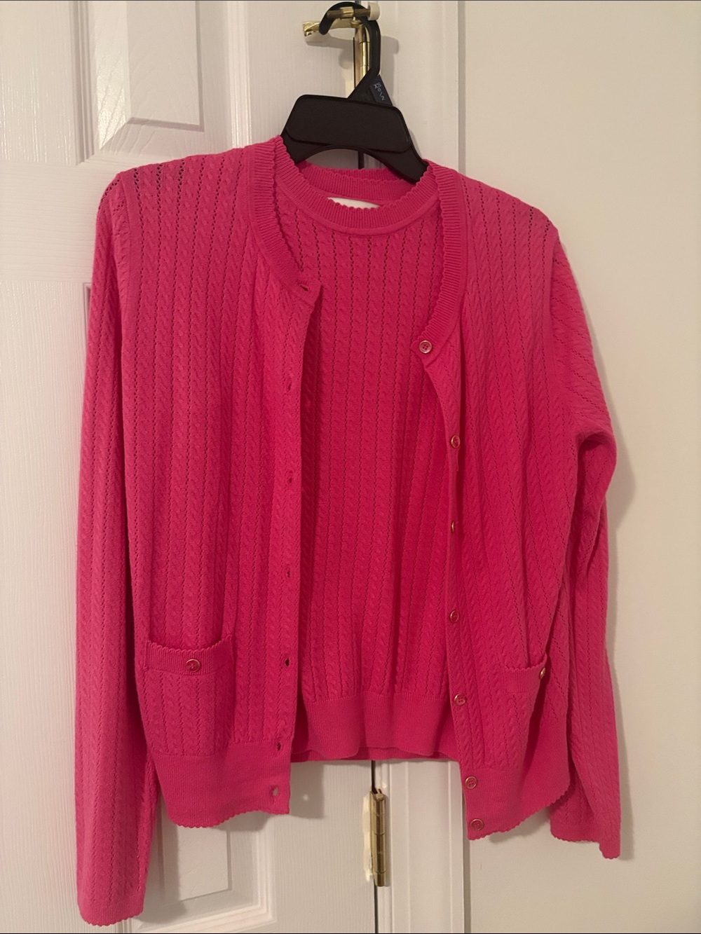 Bright Pink Cable-Knit Sweater and Button-Front Cardigan Set